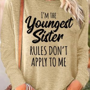 Women's Funny Sister Gift Youngest Sister Casual Long Sleeve Top, color:Apricot|size:3XL, Lilicloth.com