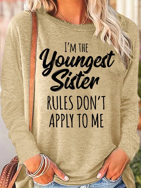 Women's Funny Sister Gift Youngest Sister Casual Long Sleeve Top, color:Apricot|size:3XL, Lilicloth.com