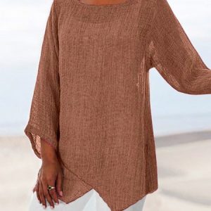Linen Plain Crew Neck Long Sleeve T-shirt, Blouses, color:Khaki|size:XXL, Noracora