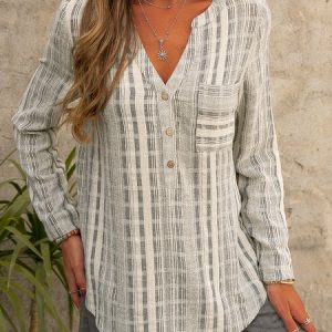 V Neck Stripe  Long Sleeve Blouse, Blouses, color:Blue|size:XXL, Noracora