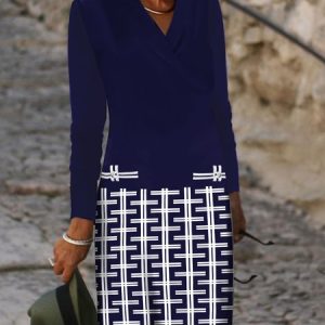 Patchwork Geometric Printed V Neck Knitting Dress, Short, color:Navy Blue|size:XXL, Noracora