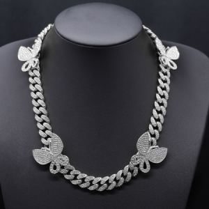 Hip-Hop Full Diamond Cuban Chain 12MM Big Butterfly Chain, Necklace, color:Silver|size:50CM (20inch), Noracora