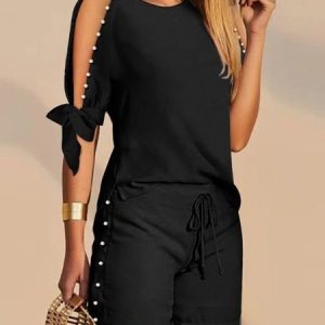 Loose Casual Plain Crew Neck Two-Piece Set, Suit Set, color:Black|size:XXL, JustFashionNow