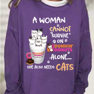 Women's  Can't Survive on Dunkin' Donuts, She Needs a Cat   Casual Sweatshirt, color:Purple|size:3XL, Lilicloth.com
