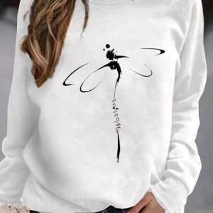 Casual Crew Neck Dragonfly Sweatshirt, Hoodies & Sweatshirts, color:White|size:XXL, Noracora