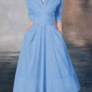 Shirt Collar Regular Fit Elegant Solid Dress, Midi Dresses, color:Blue|size:XXL, Stylewe