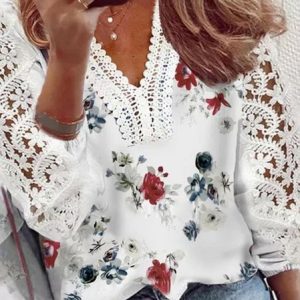 Women's Red Rose Print Floral Lace Cut Out Daily Long Sleeve Casual Blouse, Shirts & Blouses, color:White|size:XXL, JustFashionNow
