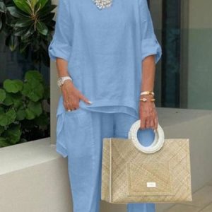 Regular Sleeve Crew Neck Casual Loose Buckle Two-Piece Set, Sets, color:Light Blue|size:5XL, Noracora