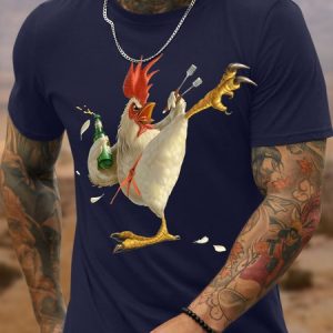 Men's Kung Fu Chicken Funny Graphic Printing Text Letters Cotton Casual Loose T-Shirt, T-shirts, Lilicloth.com