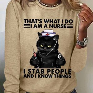 Women‘s Funny Word That's What I Do I Am A Nurse Black Cat Crew Neck Cotton-Blend Long Sleeve Top, color:Khaki|size:3XL, Lilicloth.com