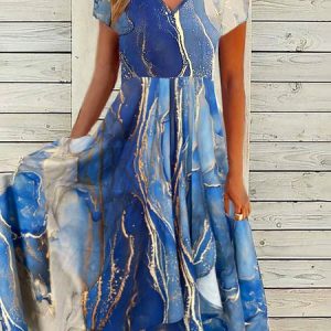 Plus Size V Neck Loose Abstract Stripes Casual Dress, Dresses, color:Blue|size:4X, JustFashionNow