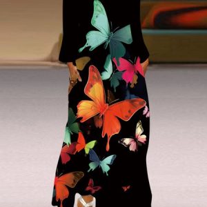Casual V Neck Butterfly Loose Dress With No, Dresses, color:Multicolor|size:5XL, JustFashionNow