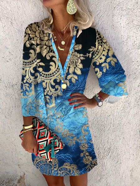 Tribal Vacation Long Sleeve Woven Dress, Dresses, color:Blue|size:XS, JustFashionNow