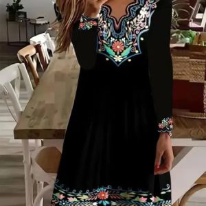 Casual V Neck Ethnic Dress, Dresses, color:Black|size:XXL, JustFashionNow