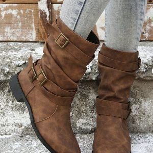Ruched Buckle Casual Leather Booties, Boots, color:Brown|size:43, JustFashionNow