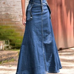 Daily Regular Fit Denim Casual Plain Denim Skirt, Denim Skirts, color:Blue|size:XXL, Noracora