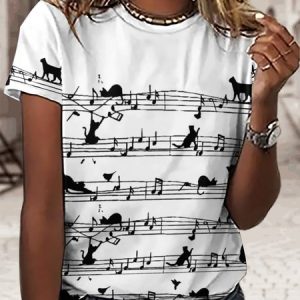 Women‘s Funny Cat Crew Neck Loose Simple T-Shirt, color:White|size:3XL, Lilicloth.com