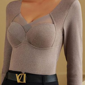 Comfortable Double-sided Brushed Long Sleeve Molded Cup Thermal Underwear, Bra & Bra Sets, color:Coffee|size:3XL, JustFashionNow