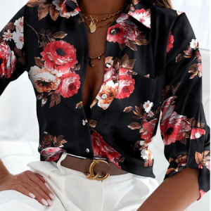 Floral Casual Shirt Collar Loose Blouse, Shirts & Blouses, color:Black|size:XXL, JustFashionNow