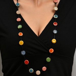Vintage Ethnic Ceramic Gradient Flat Bead Long Necklace Sweater Chain Dress Necklace, Necklaces, color:Multicolor|size:One-size, JustFashionNow