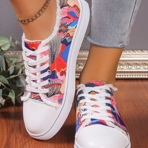 Casual Abstract Print Fringe Lace-Up Canvas Shoes, Sneakers, color:Pink|size:43, JustFashionNow
