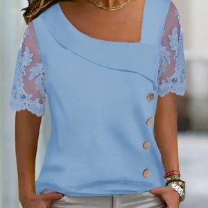 Plus Size Casual Lace Plain Loose T-Shirt, TOPS, color:Blue|size:4X, Noracora