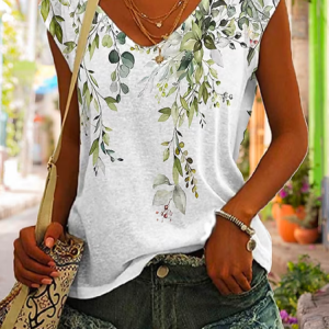 Floral Casual V Neck Loose T-Shirt, T-Shirts, color:Green|size:XXL, JustFashionNow