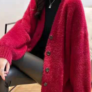 Women Fluff/Granular Fleece Fabric Plain Long Sleeve Comfy Casual Cardigan, Cardigans, color:Red|size:M, Noracora