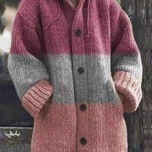Women Color Block Long Sleeve Comfy Casual Buckle Cardigan, Cardigans, color:Red|size:3XL, Noracora