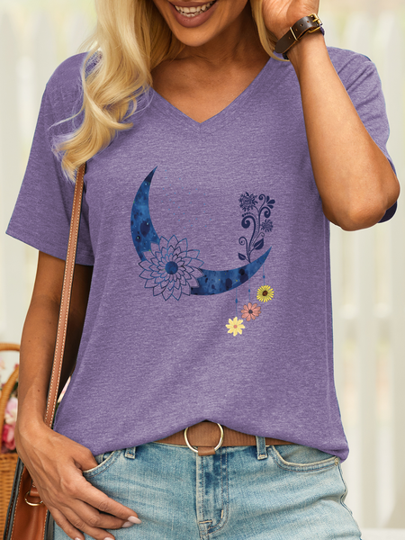 Women’s Wild Flower In The Moon Casual T-Shirt, color:Purple|size:3XL, Lilicloth.com