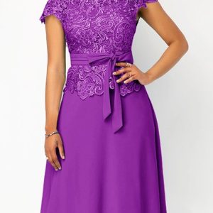 Women Plain Crew Neck Cap Sleeve Comfy Casual Lace Midi Dress, Dresses, color:Purple|size:5XL, Noracora