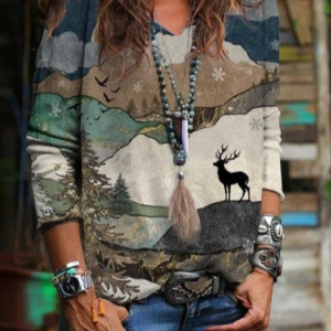 Milu Deer Loose Ethnic West Style T-Shirt, T-Shirts, color:Multicolor|size:XXL, JustFashionNow