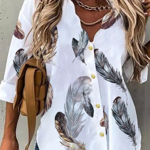 Casual Feather V Neck Long Sleeve Blouse, Shirts, color:White|size:XXL, Noracora