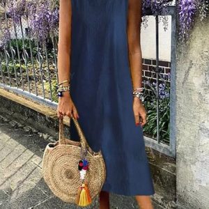 Loosen Cotton Crew Neck Sleeveless Woven Dress, Dresses, color:Blue|size:XXL, JustFashionNow