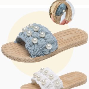 Pearl Chiffon Ruffle Beach Sandals, Slippers, color:Light Blue|size:40, JustFashionNow