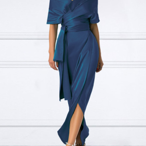 Plain Elegant V Neck Regular Fit  Split  Dress Wedding, Maxi Dresses, color:Blue|size:XXL, Stylewe