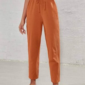 Linen Casual Plain High Waist Tie Front Tapered Pants, Pants, color:Red Brown|size:XXL, JustFashionNow