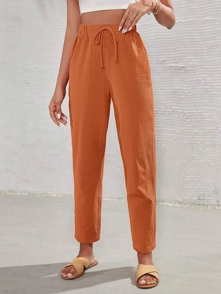 Linen Casual Plain High Waist Tie Front Tapered Pants, Pants, color:Red Brown|size:XXL, JustFashionNow