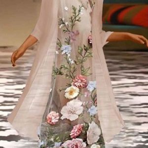 Casual Floral Crew Neck Regular Fit Two-Piece Set, Suit Set, color:Nude|size:3XL, JustFashionNow
