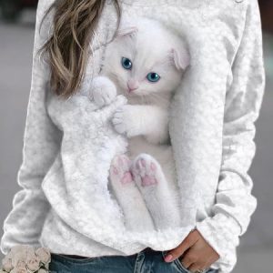 Crew Neck Regular Fit Cat Casual Sweatshirt, Sweatshirts & Hoodies, color:White|size:XXL, JustFashionNow