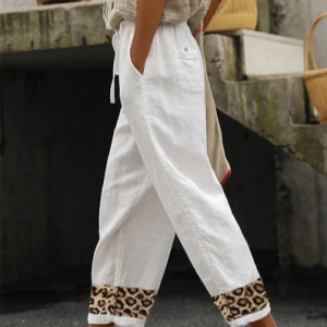 Loose Linen Leopard Pants, Pants, color:White|size:XXL, JustFashionNow
