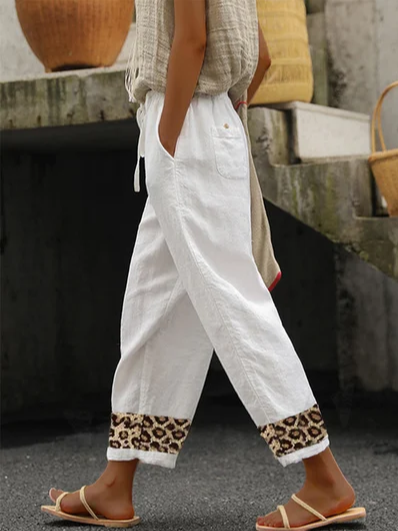 Loose Linen Leopard Pants, Pants, color:White|size:XXL, JustFashionNow