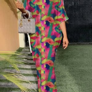 Daily Three Quarter Sleeve Colorblock Urban V Neck Dress, Maxi Dresses, color:As Picture|size:XXL, Stylewe