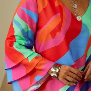Casual Loose V Neck Color Block Dress, Dresses, color:Deep Pink|size:XXL, JustFashionNow