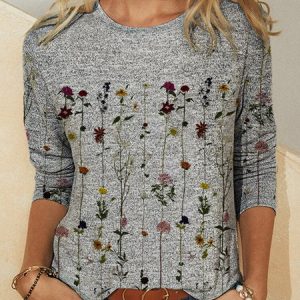 JFN Crew Neck Long Sleeve Vintage Floral Top, T-Shirts, color:Gray|size:XXL, JustFashionNow