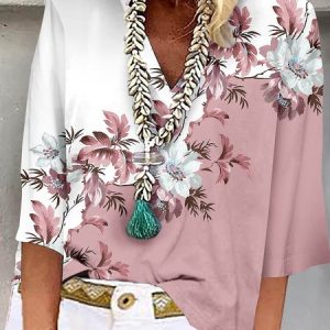 Loose Floral V Neck Casual Shirt, Long sleeves, Lilicloth.com