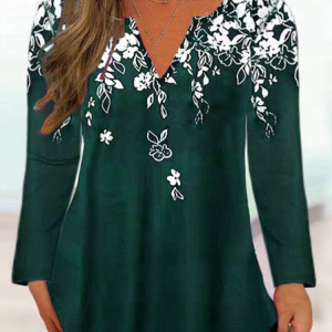 Casual Floral Half Open Collar Long Sleeve T-shirt, T-shirts, color:Green|size:3XL, Noracora