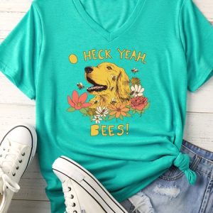 Women's Heck Yeah Bees Matching V Neck T-Shirt, color:Green|size:XXL, Lilicloth.com
