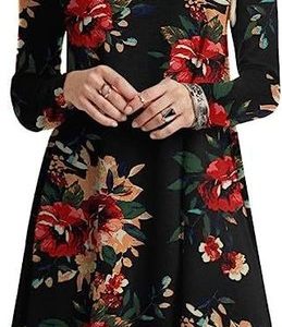 Women Floral Crew Neck Long Sleeve Comfy Vacation Short Dress, Short, color:Black-red|size:3XL, Noracora