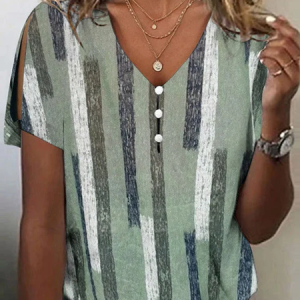 Jersey Striped Buttoned Casual T-Shirt, T-Shirts, color:Green|size:XXL, JustFashionNow